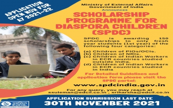 Ministry of External Affairs, Government of India has announced SPDC (Scholarship Programme for Diaspora Children) applications for Academic Year 2021-22