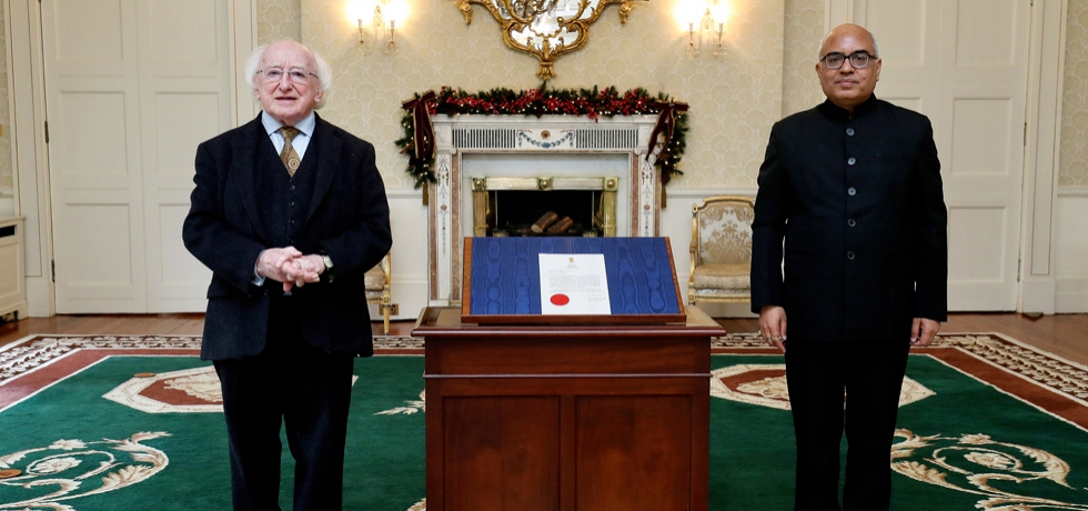 Ambassador Akhilesh Mishra presents credentials to President Michael D.Higgins