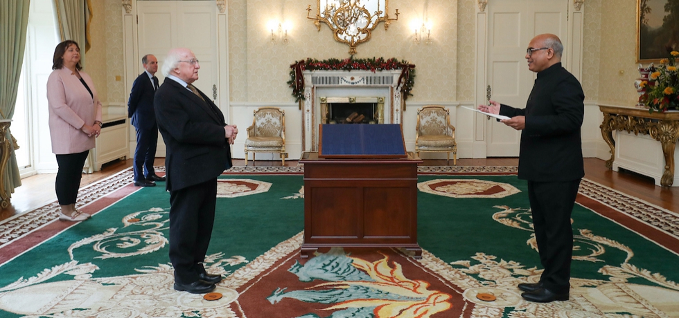 Ambassador Akhilesh Mishra presents credentials to President Michael D.Higgins